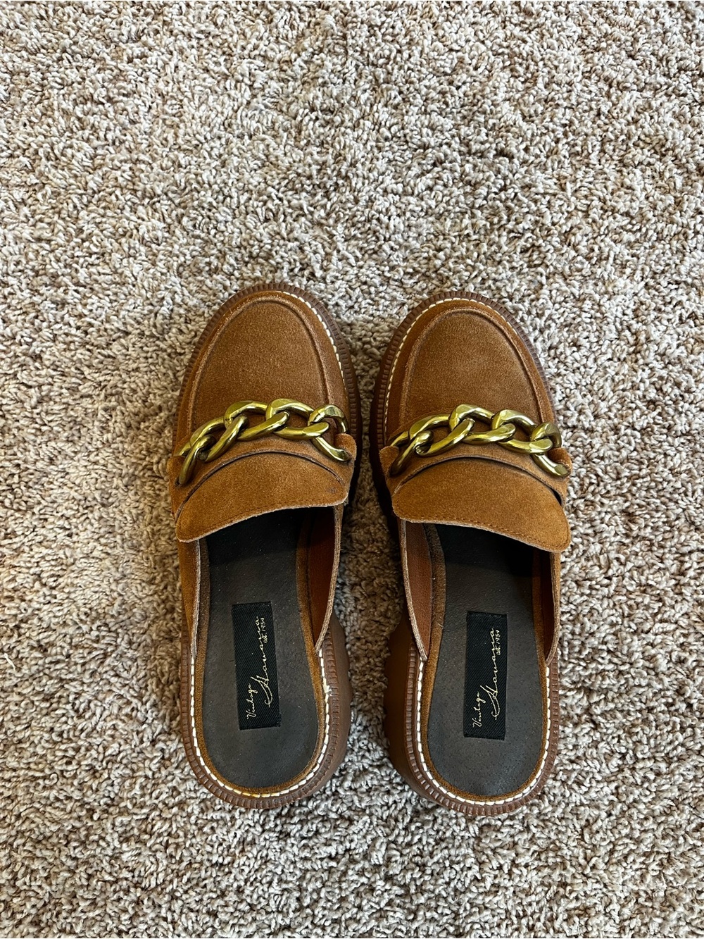 Vintage Havana Size 8 Worn Once Belmont Tan Suede Mules with Gold Chain Detail
